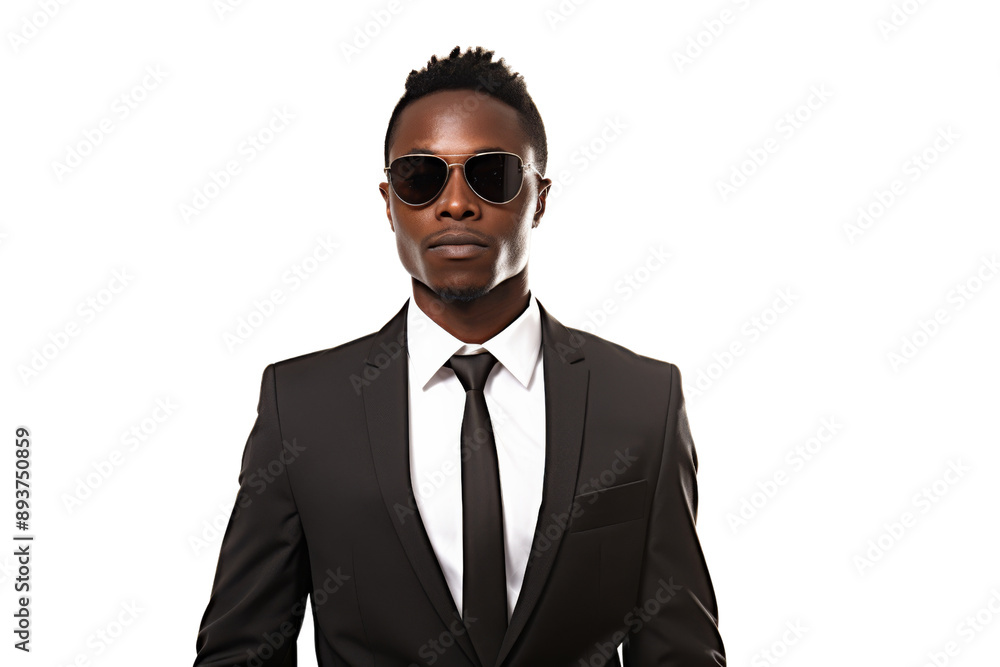 Stylish young African American man wearing a suit and sunglasses Isolated on white background Stylish young African American man wearing a suit and sunglasses Isolated on white background