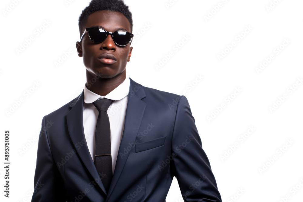 Stylish young African American man wearing a suit and sunglasses Isolated on white background Stylish young African American man wearing a suit and sunglasses Isolated on white background