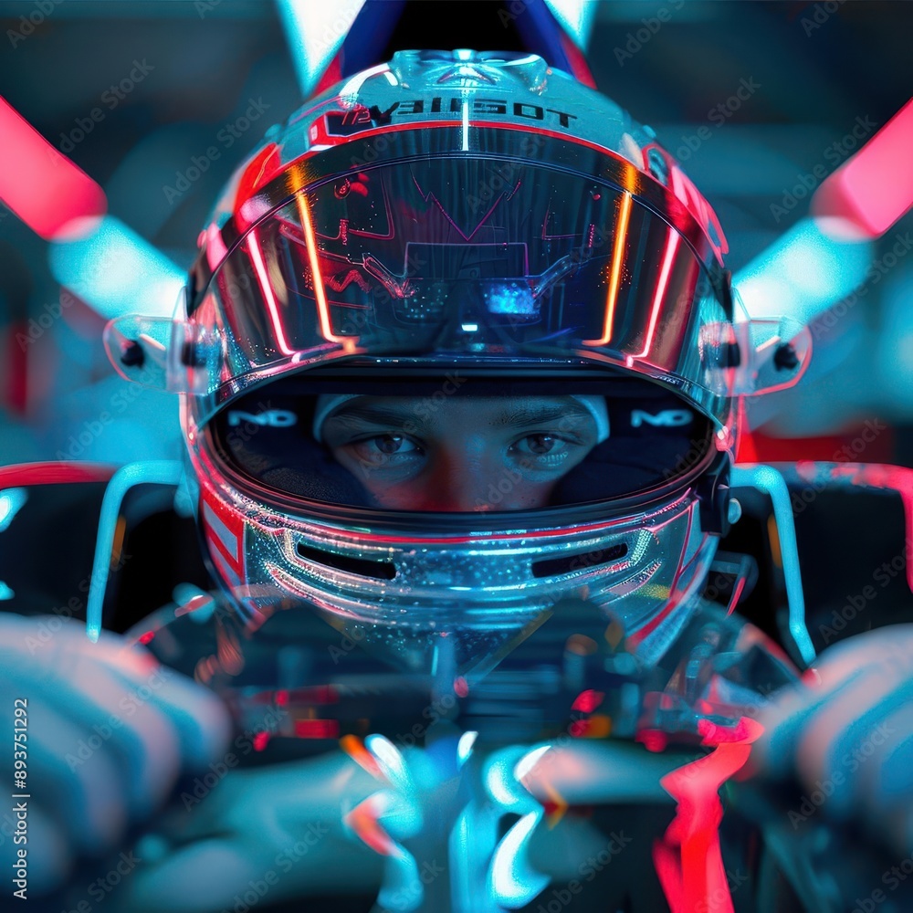 formula one driver in vibrant helmet prerace intensity futuristic car cockpit dramatic lighting sleek racing suit focus on determined eyes hightech atmosphere formula one driver in vibrant helmet prerace intensity futuristic car cockpit dramatic lighting sleek racing suit focus on determined eyes hightech atmosphere