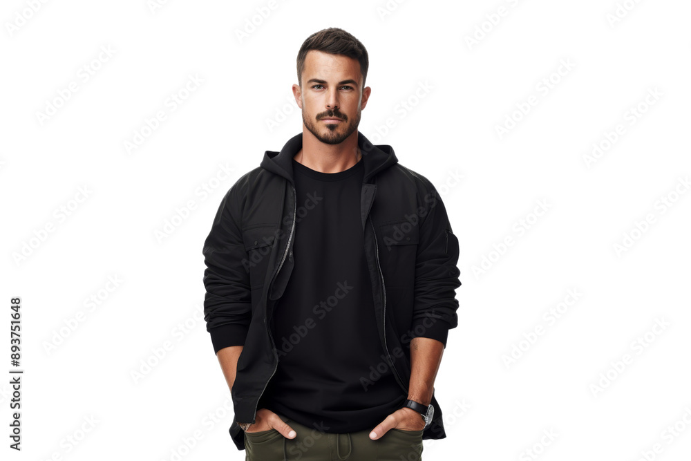 Stylish man wearing modern streetwear standing with arms crossed Isolated on white background Stylish man wearing modern streetwear standing with arms crossed Isolated on white background
