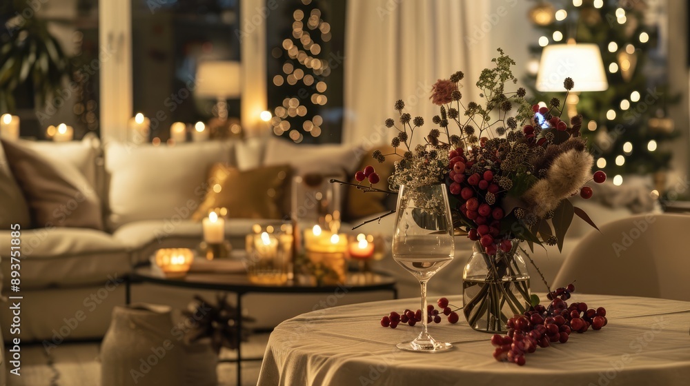 Chic Christmas dinner setup: Well-lit living room with beige-clothed table and berry bouquet. Festive evening decor Chic Christmas dinner setup: Well-lit living room with beige-clothed table and berry bouquet. Festive evening decor