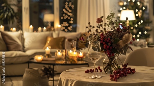 Wallpaper Mural Chic Christmas dinner setup: Well-lit living room with beige-clothed table and berry bouquet. Festive evening decor Torontodigital.ca