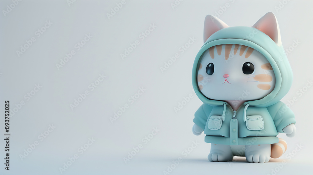 Adorable 3d chibi cat in a mint green hoodie jacket with large eyes isolated on light background, copy space image. Adorable 3d chibi cat in a mint green hoodie jacket with large eyes isolated on light background, copy space image.