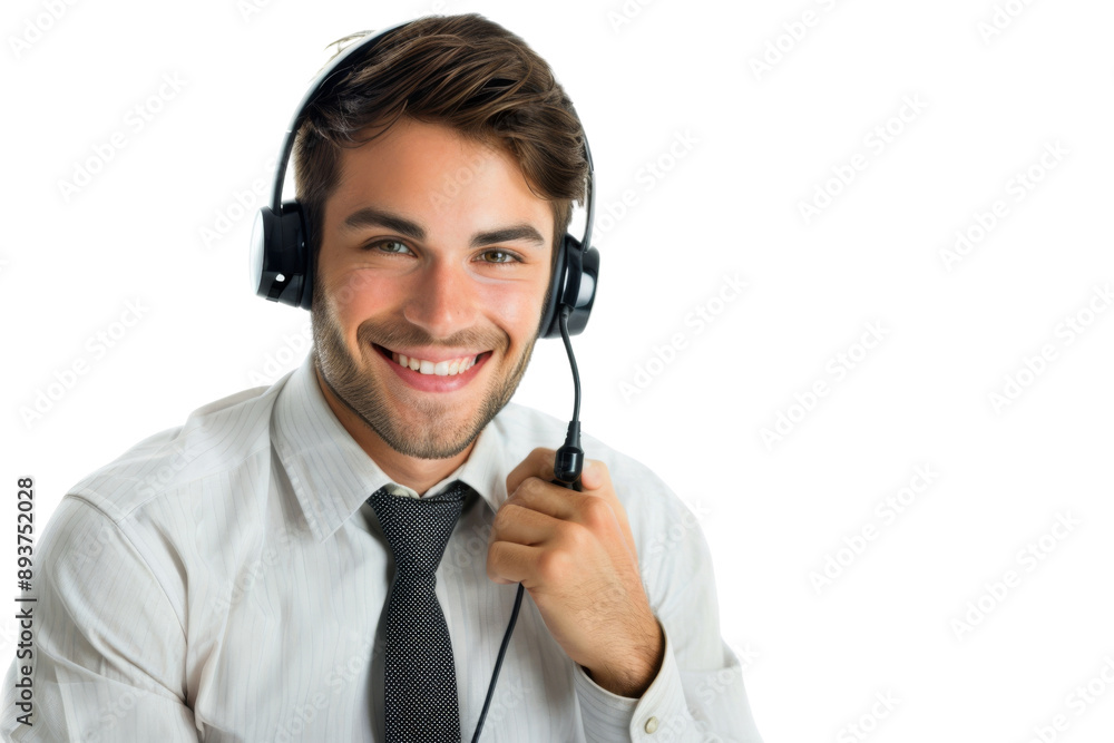 Smiling young male customer service agent with headset, wearing a tie, isolated on white background Smiling young male customer service agent with headset, wearing a tie, isolated on white background