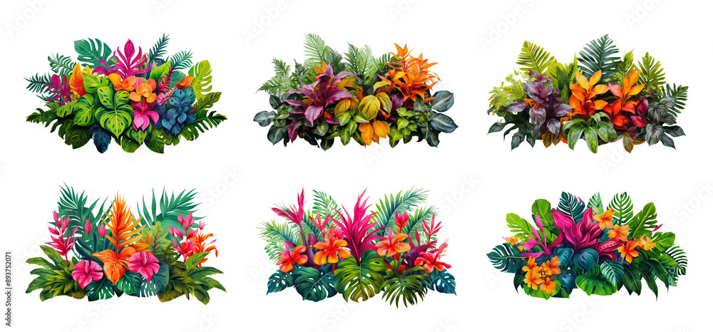 Six vibrant tropical flower arrangements with lush green foliage and colorful blooms, isolated against a white background Six vibrant tropical flower arrangements with lush green foliage and colorful blooms, isolated against a white background