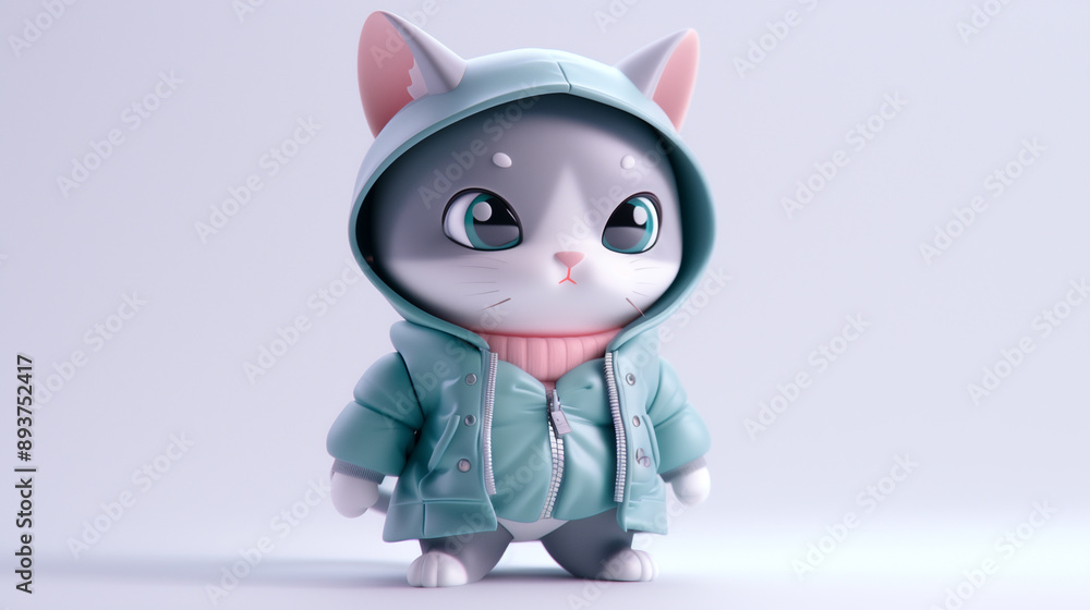 Adorable 3d chibi cat in a mint green hoodie jacket with large eyes isolated on light background, copy space image. Adorable 3d chibi cat in a mint green hoodie jacket with large eyes isolated on light background, copy space image.