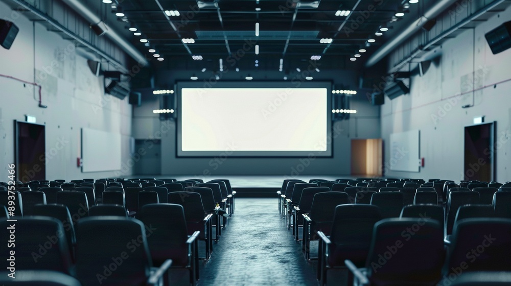 Empty auditorium with rows of seats facing a large blank projection screen, illuminated by overhead lights, creating an atmosphere of anticipation and potential. Empty auditorium with rows of seats facing a large blank projection screen, illuminated by overhead lights, creating an atmosphere of anticipation and potential.