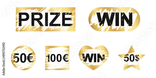 Gold rectangle and oval, round and square, heart and star scratch card surfaces with scraped textures and Win, Prize and money winning text. Winner lotto, sale coupons, jackpot scratchcard templates.