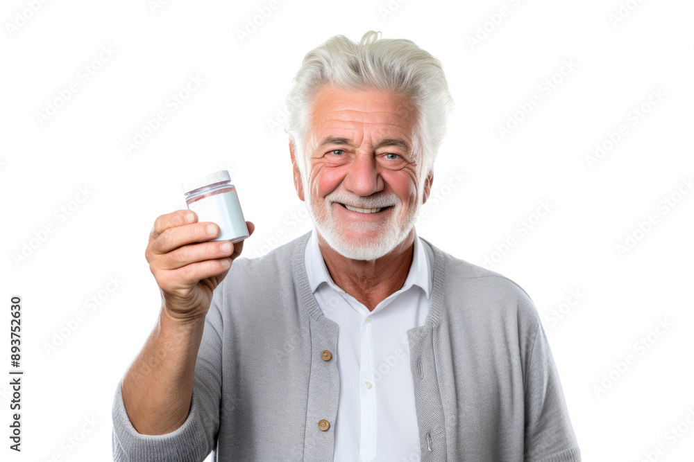 Smiling senior man holding prescription bottle Isolated on white background Smiling senior man holding prescription bottle Isolated on white background