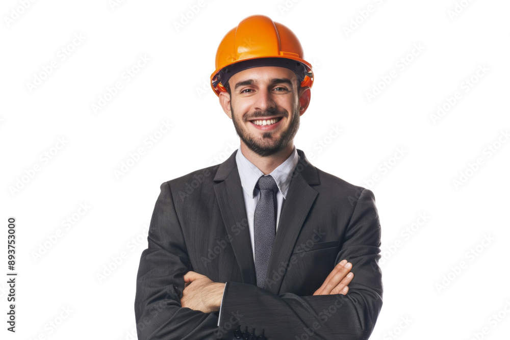 Smiling male engineer with arms folded, in formal attire and a construction helmet, isolated on white background Smiling male engineer with arms folded, in formal attire and a construction helmet, isolated on white background