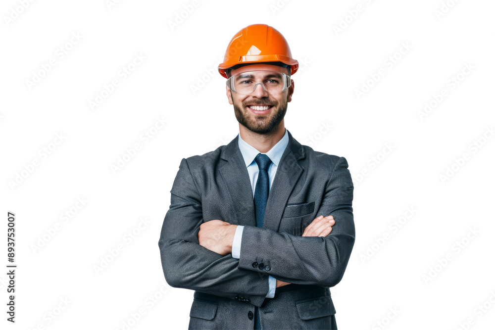 Smiling male engineer with arms folded, in formal attire and a construction helmet, isolated on white background Smiling male engineer with arms folded, in formal attire and a construction helmet, isolated on white background