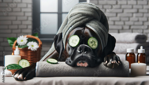 A Spoiled Pet Boxer being pampered with a cucumber facial spa wrapped in a towel.  photo