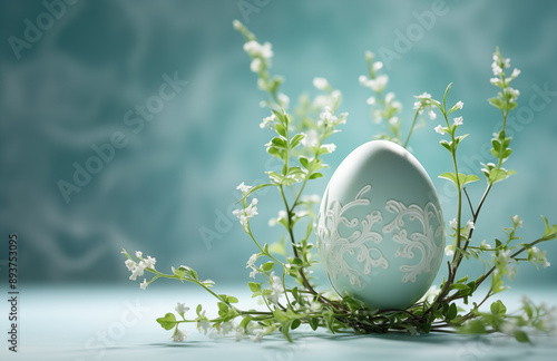 Elegant and decorated Easter egg on a blue background with sprouts of flowers. Design template for mailing, advertising and congratulations with space for text photo