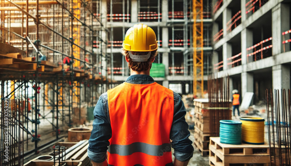 A construction worker wearing a yellow helmet and orange vest stands in front of a building. The worker is looking up at the ceiling, possibly inspecting the structure A construction worker wearing a yellow helmet and orange vest stands in front of a building. The worker is looking up at the ceiling, possibly inspecting the structure