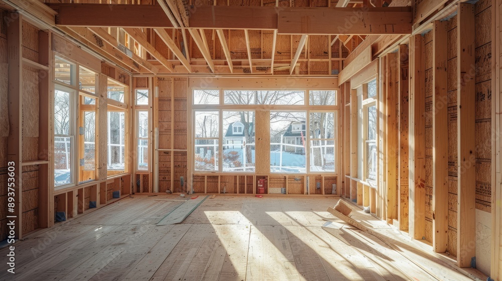 An interior view of an unfinished house with large windows allowing sunlight to stream in An interior view of an unfinished house with large windows allowing sunlight to stream in