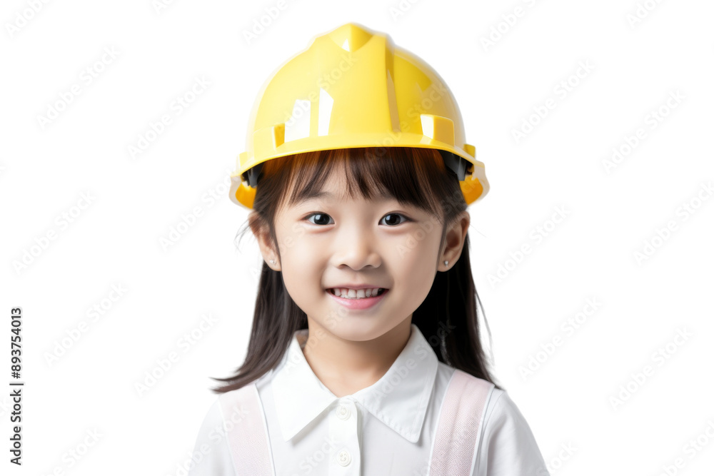 Smiling Asian girl child in engineer helmet Isolated on white background Smiling Asian girl child in engineer helmet Isolated on white background