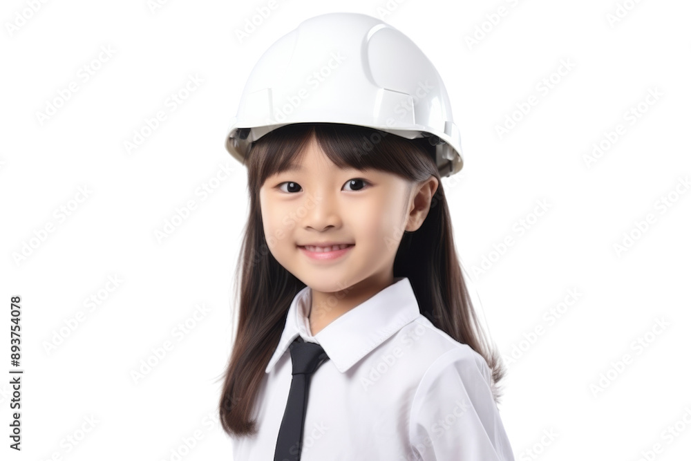 Smiling Asian girl child in engineer helmet Isolated on white background Smiling Asian girl child in engineer helmet Isolated on white background