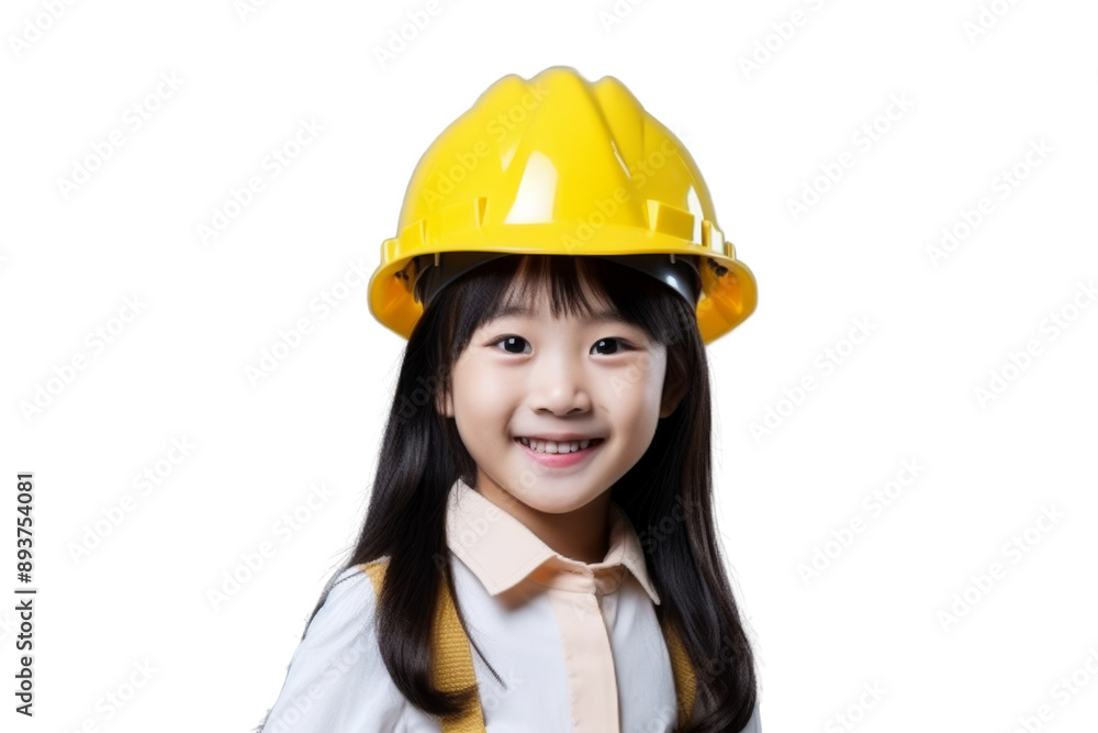 Smiling Asian girl child in engineer helmet Isolated on white background Smiling Asian girl child in engineer helmet Isolated on white background
