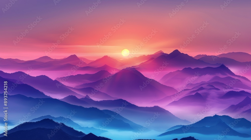 A panoramic view of a majestic mountain range silhouetted against a vibrant sunset sky A panoramic view of a majestic mountain range silhouetted against a vibrant sunset sky