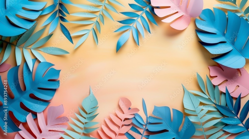 Paper leaves in shades of blue and pink form a frame on an orange background Paper leaves in shades of blue and pink form a frame on an orange background
