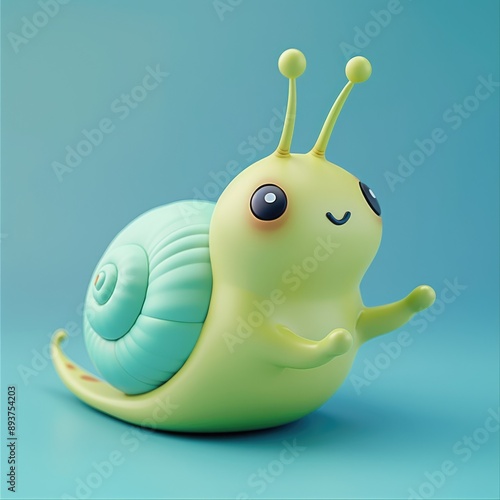Smiling Green Snail with Blue Shell on a Turquoise Background
