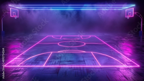 A vibrant, neon-lit basketball court featuring glowing lines and an atmospheric background, ideal for sports or nightlife themes.