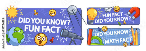 Colorful Vector Educational Banners Featuring Fun Facts With Various Science Elements Like The Sun, Earth, Telescope