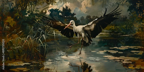 A bird is flying over a body of water. The bird is white and black. The water is calm and still