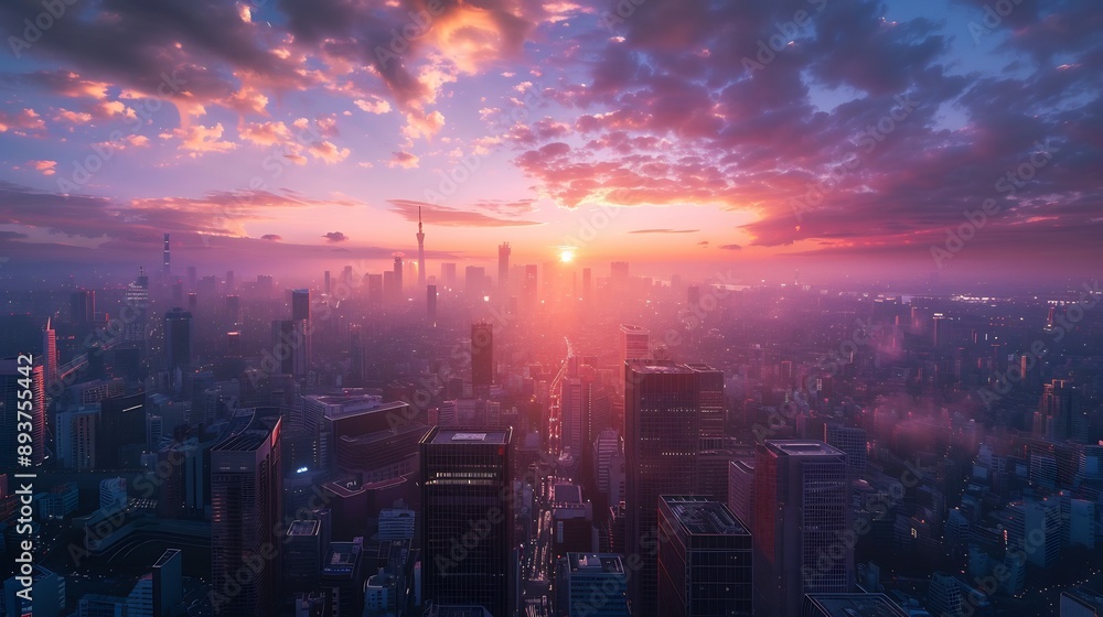 Fototapeta premium Sunset Over a Hazy Metropolis