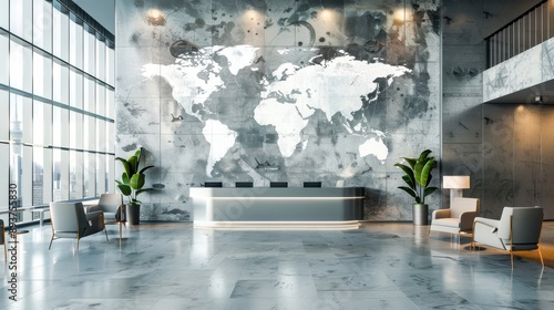 A sleek lobby with large windows showcasing a city skyline and a world map mural on the wall