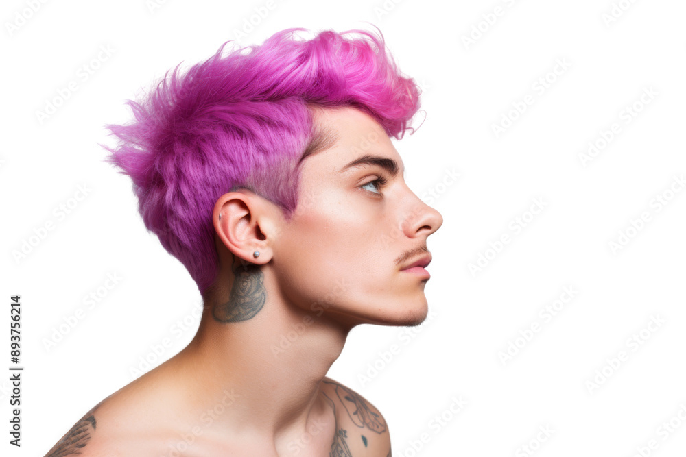 Queer man with piercings and dyed hair looking thoughtful Isolated on white background Queer man with piercings and dyed hair looking thoughtful Isolated on white background