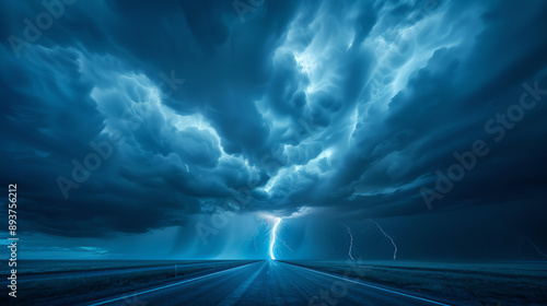 A highway during a thunderstorm with dramatic lightning in the sky photo