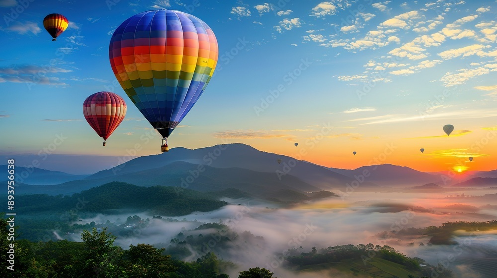 Fototapeta premium Colorful Hot Air Balloons Soaring Over Misty Mountains at Sunrise