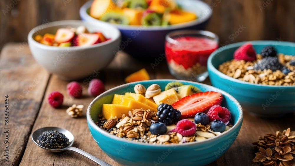 A smoothie bowls topped with a mix of superfood and berries. A smoothie bowls topped with a mix of superfood and berries.