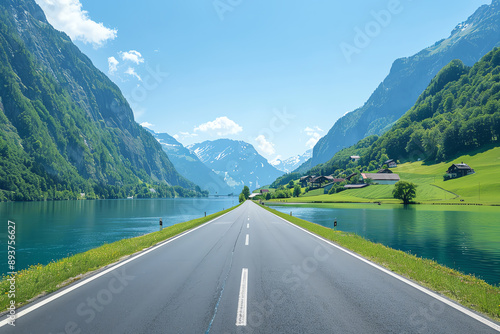 A scenic highway alongside a river with a charming village in the background