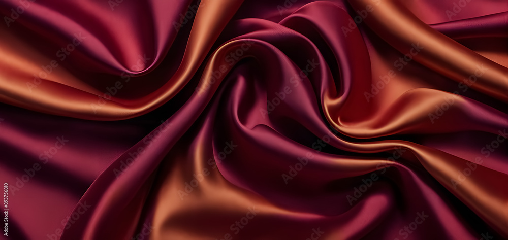 Flowing silk fabric with dynamic waves and folds, shimmering satin texture in rich purples, reds, and golds against dark background Flowing silk fabric with dynamic waves and folds, shimmering satin texture in rich purples, reds, and golds against dark background