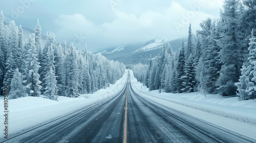 A winter highway scene with snowcovered trees and icy roads