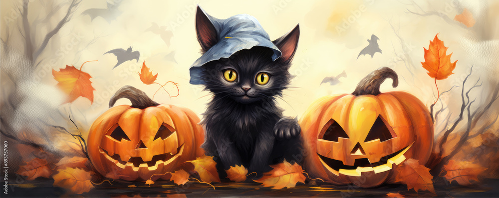 Black cat and halloween pumpkins on white background. Black cat and halloween pumpkins on white background.