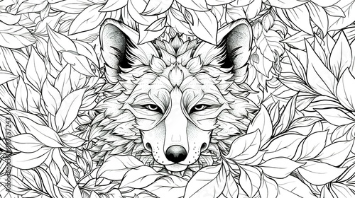 Wallpaper Mural Black And White Line Art Illustration Of Wolf's Face Hidden Among Leaves Torontodigital.ca