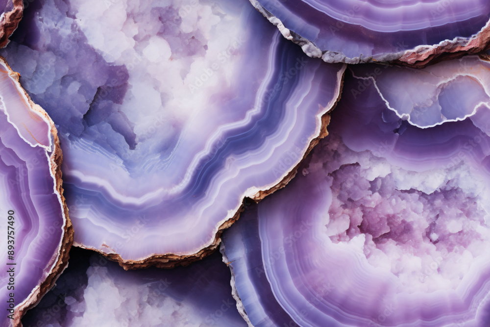 Obraz premium Lilac natural crystals and stones, geode slices, agates. Seamless pattern for backgrounds, wallpapers and backdrops