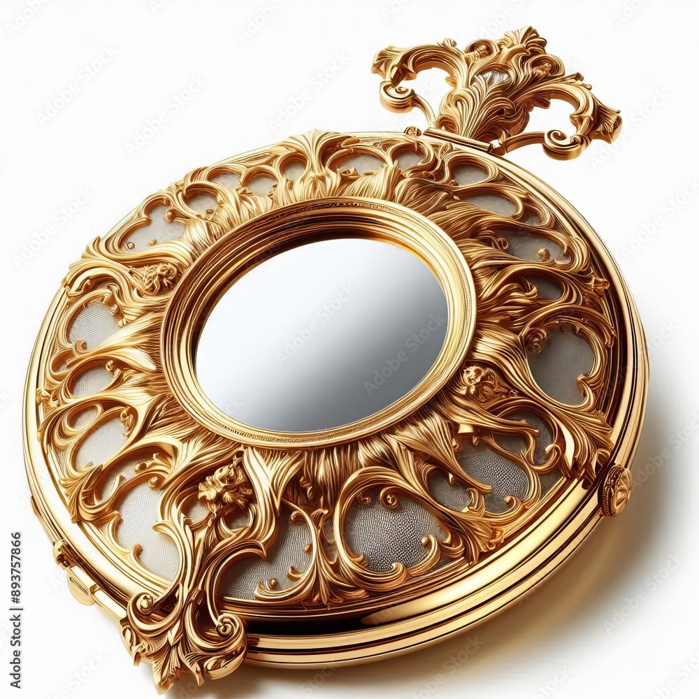 74 17. A golden pocket mirror with ornate handle, isolated on wh 74 17. A golden pocket mirror with ornate handle, isolated on wh