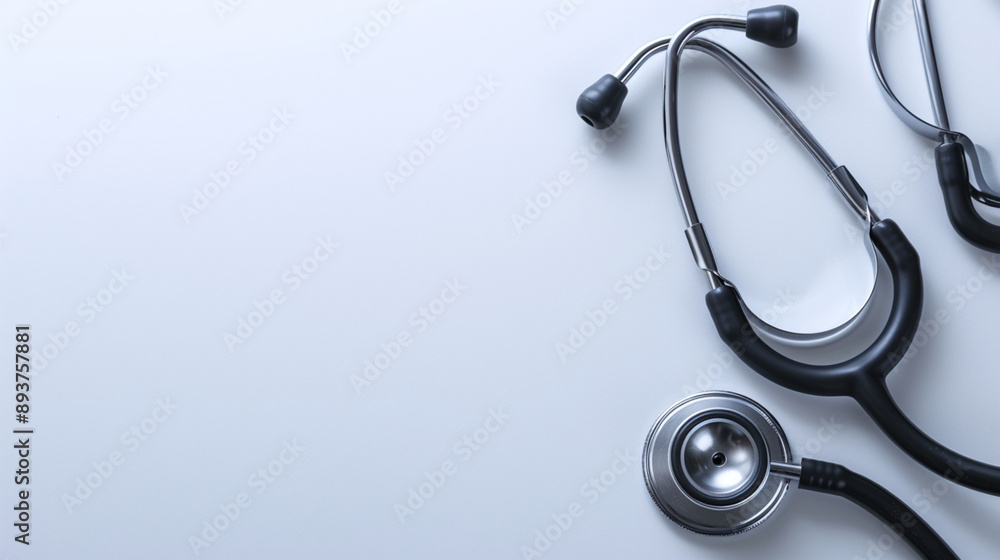 A horizontal image with light blue background and a stethoscope in the right side of the image A horizontal image with light blue background and a stethoscope in the right side of the image