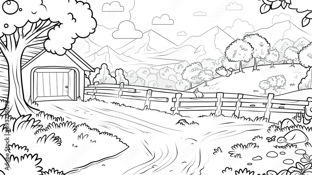Obraz premium Black And White Illustration Of A Rural Farm Scene With A Barn, Fence, And Rolling Hills