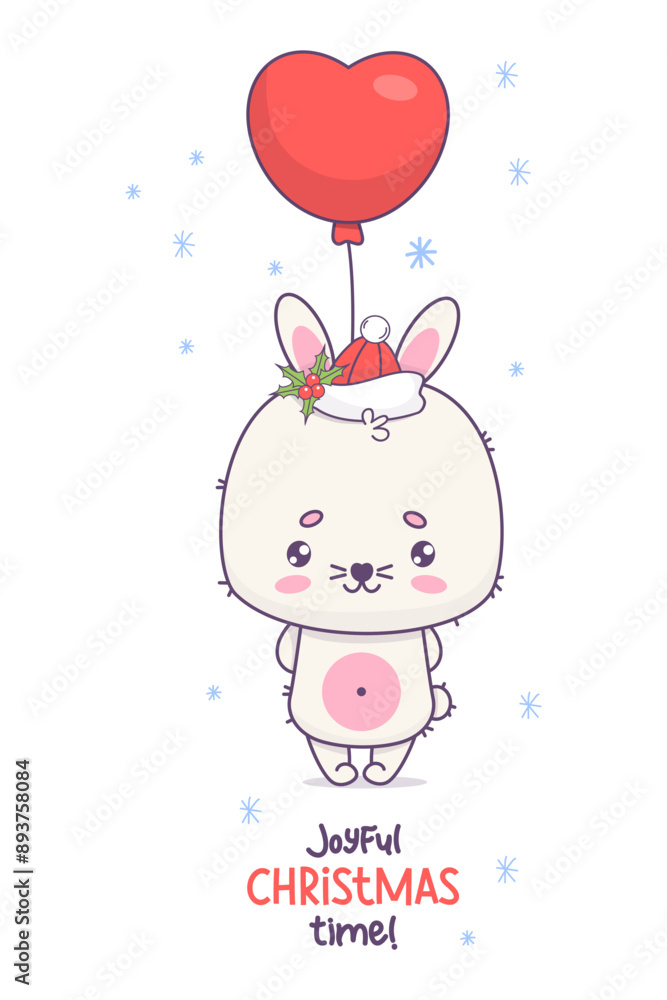 Christmas cute bunny in Santa hat with balloon and snowflakes. Funny cartoon kawaii animal character. Vector illustration. Festive card with slogan. Kids collection Christmas cute bunny in Santa hat with balloon and snowflakes. Funny cartoon kawaii animal character. Vector illustration. Festive card with slogan. Kids collection