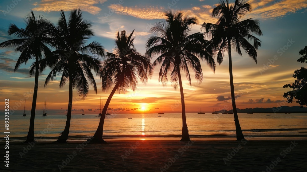 Obraz premium Beach with coconut palm silhouettes against a breathtaking sunset.