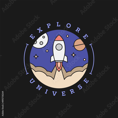 spaceship rocket illustration badge line art style vector