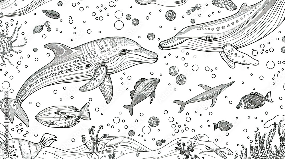 Fototapeta premium Black And White Illustration Of A Dolphin, Whale, And Fish In The Ocean