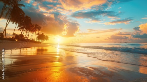 Beach with coconut palms and a golden sunset over the calm sea.