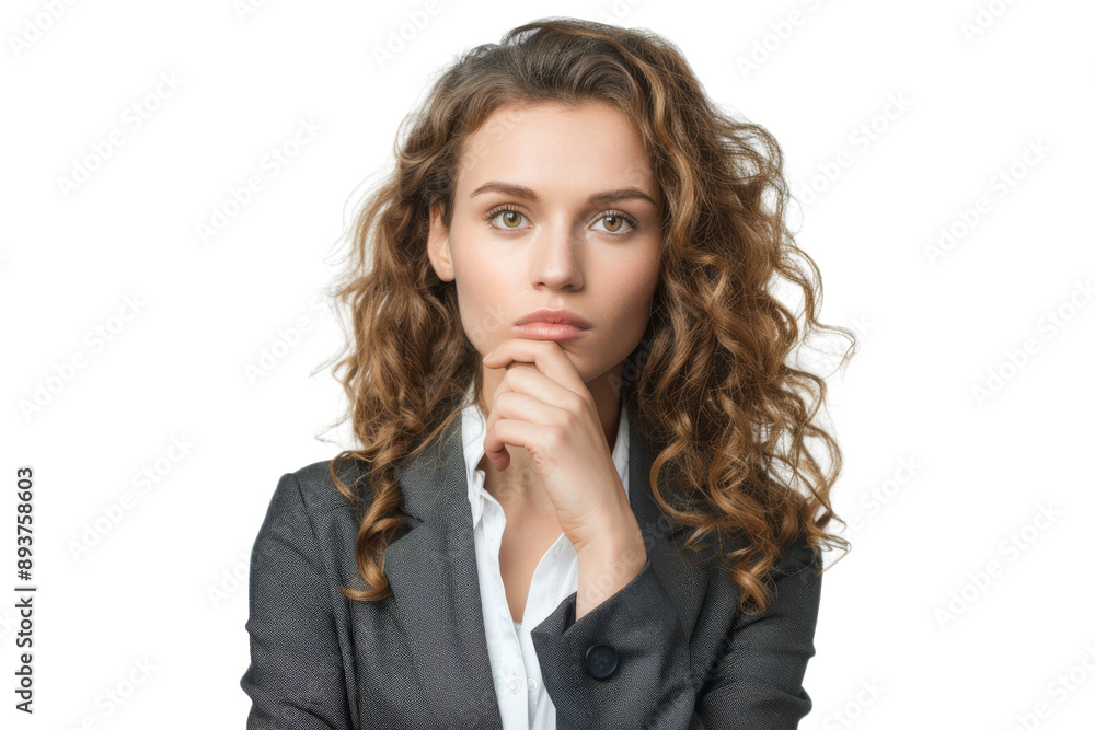 Pensive businesswoman holding chin, isolated on white background Pensive businesswoman holding chin, isolated on white background