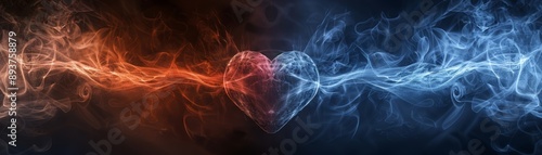 A heart made of red and blue smoke with contrasting colors blending into each other against a black background, symbolizing love and duality.